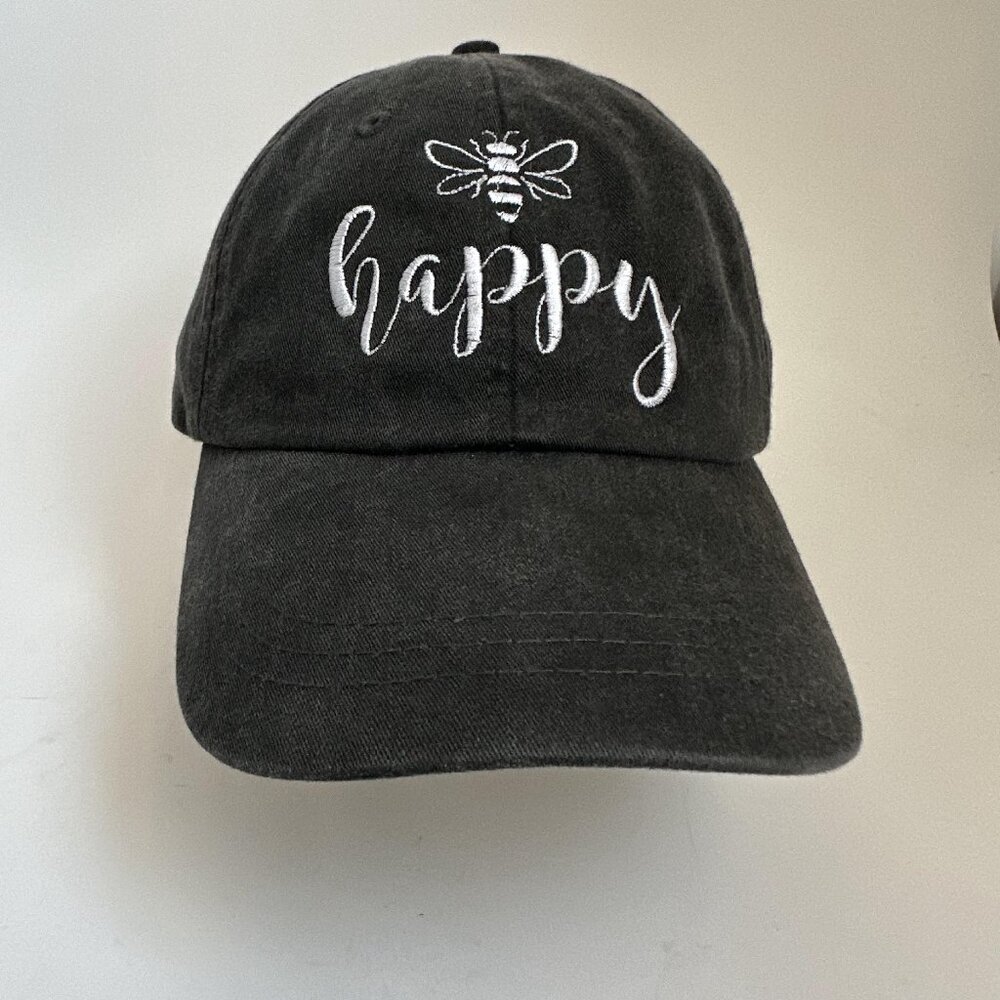 Happy Bee Dad Hat Embroidered Cap Adjustable Leather Strap Back Adams Headwear